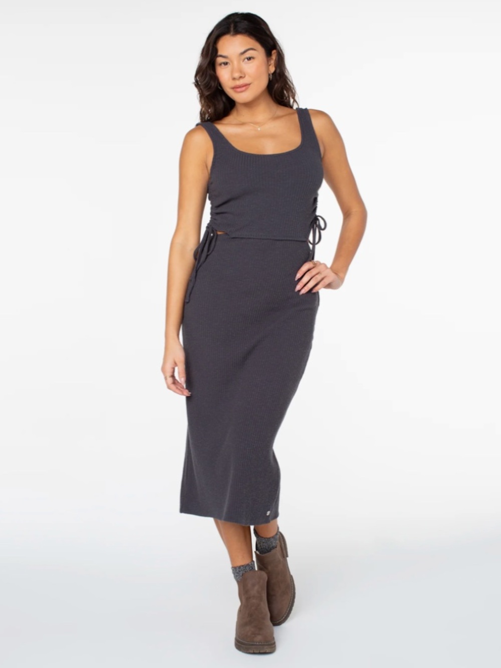 Roxy Maru Ribbed Cut Out Midi Dress in Phantom Summer Fall Size Small NWT